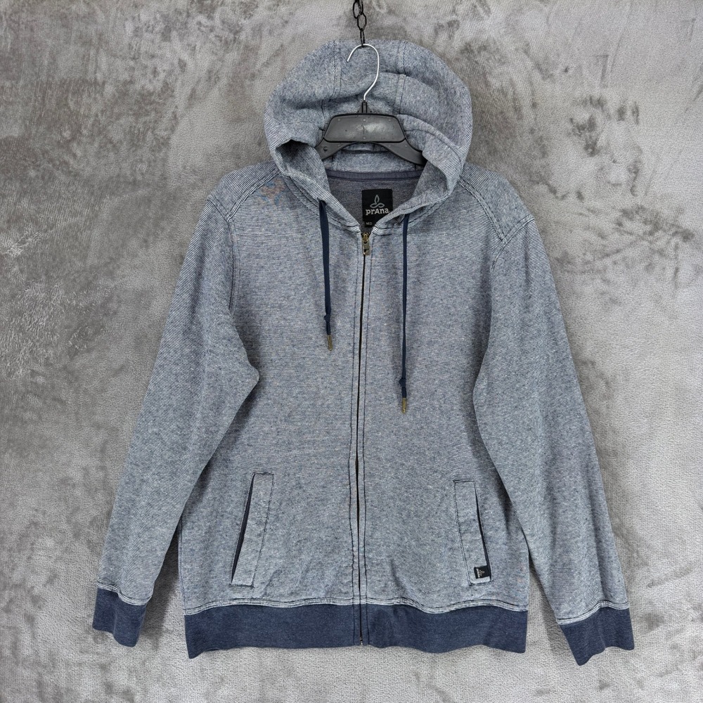 Prana Mens Full Zip Hoodie Blue White Striped‎ Hemp Blend Medium Hooded Jacket